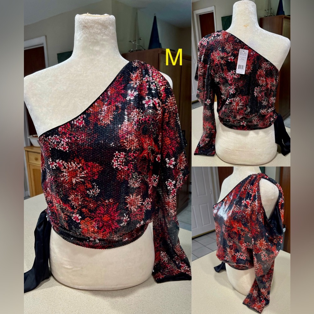 Bebe Sequin BEADED DRAGON BLOSSOMS ONE SHOULDER TOP